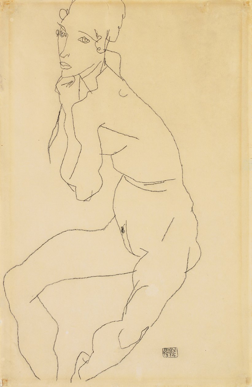 Sitzender weiblicher Akt mit Hand am Kinn von Egon Schiele