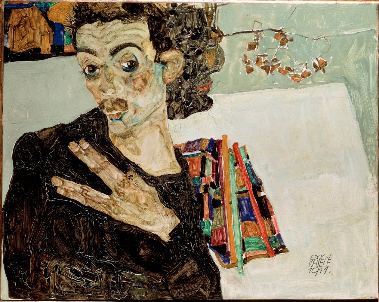 Selbstporträt mit gespreizten Fingern von Egon Schiele