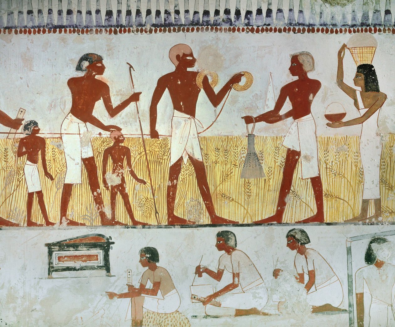 Ein Diener misst ein Feld in Anwesenheit des Bauern und seiner Frau von Egyptian 18th Dynasty