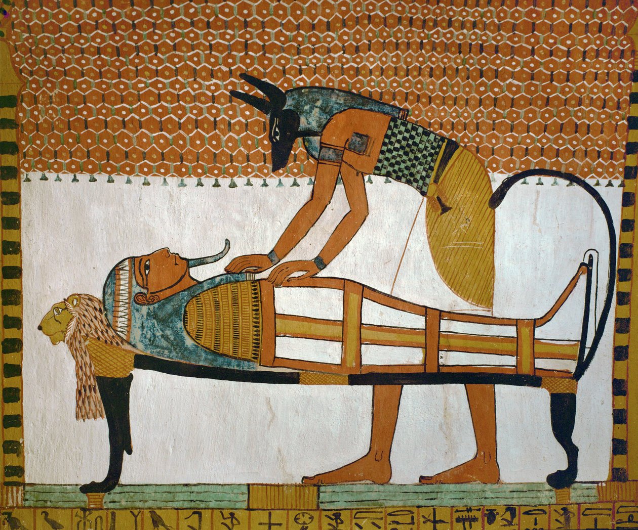 Anubis, Gott der Toten, beugt sich über die Mumie von Sennutem von Egyptian 18th Dynasty