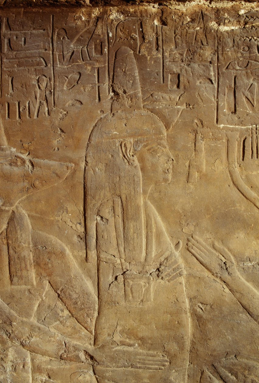 Anubis hält die Mumie, Relief aus dem Grab von Maia, Amme von Tutanchamun, Saqqara, Ägypten, ägyptische Zivilisation, Neues Reich, Dynastie XVIII, Detail von Egyptian 18th Dynasty
