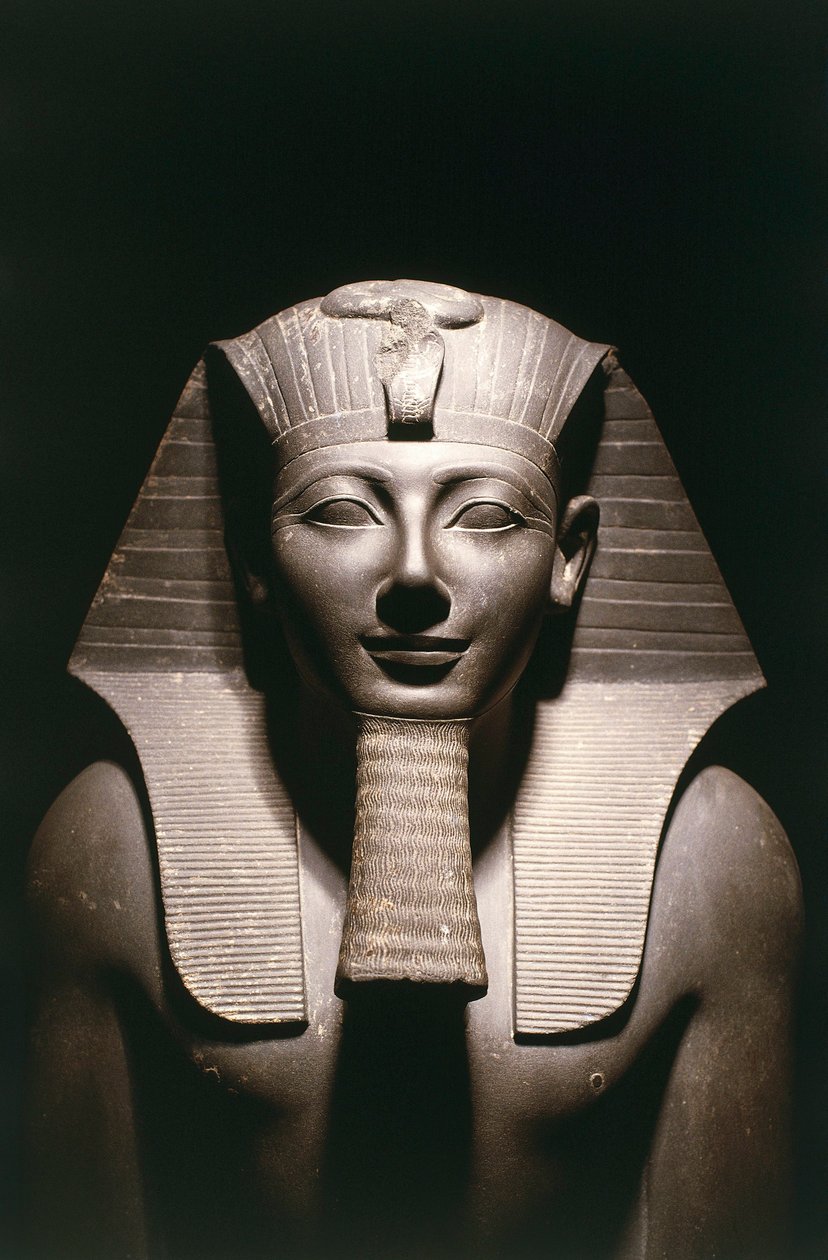 Ägypten, Detail der Statue von Thutmosis III. (vor 1479-ca. 1425 v. Chr.), achtzehnte Dynastie, aus dem Tempel des Amun in Karnak in Luxor, Basalt von Egyptian 18th Dynasty