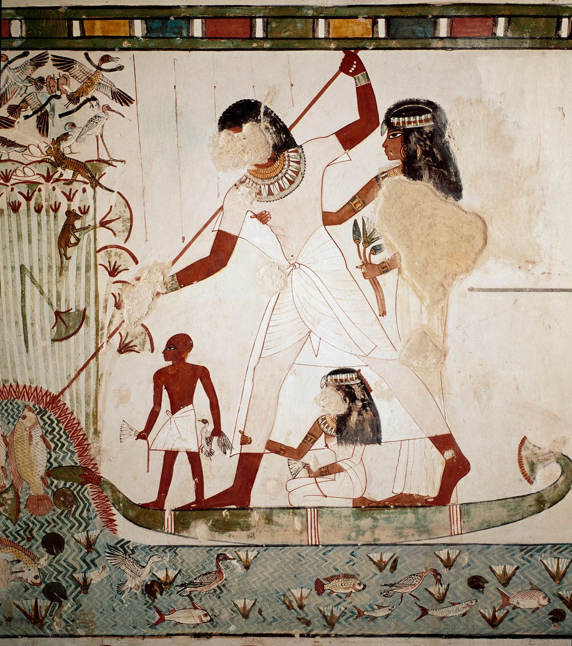 Ägyptische Antiquität: Fischszene. Der edle Menna auf einem Boot mit seiner Frau, die einen Fisch harpuniert. Fresko aus dem Grab von Menna (TT69) im Grabgebiet der Adligen in Gournah, Luxor, Ägypten von Egyptian 18th Dynasty