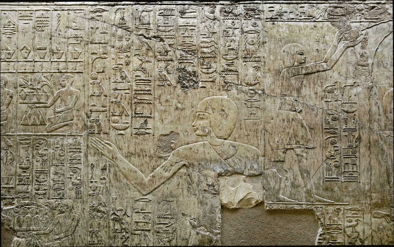 Ägyptische Antiquität: Darstellung von Trägern von Opfergaben. Flachrelief des Grabes des Wesirs Ramose (18. Dynastie). Luxor, Theben, Tal der Adligen, Ägypten von Egyptian 18th Dynasty