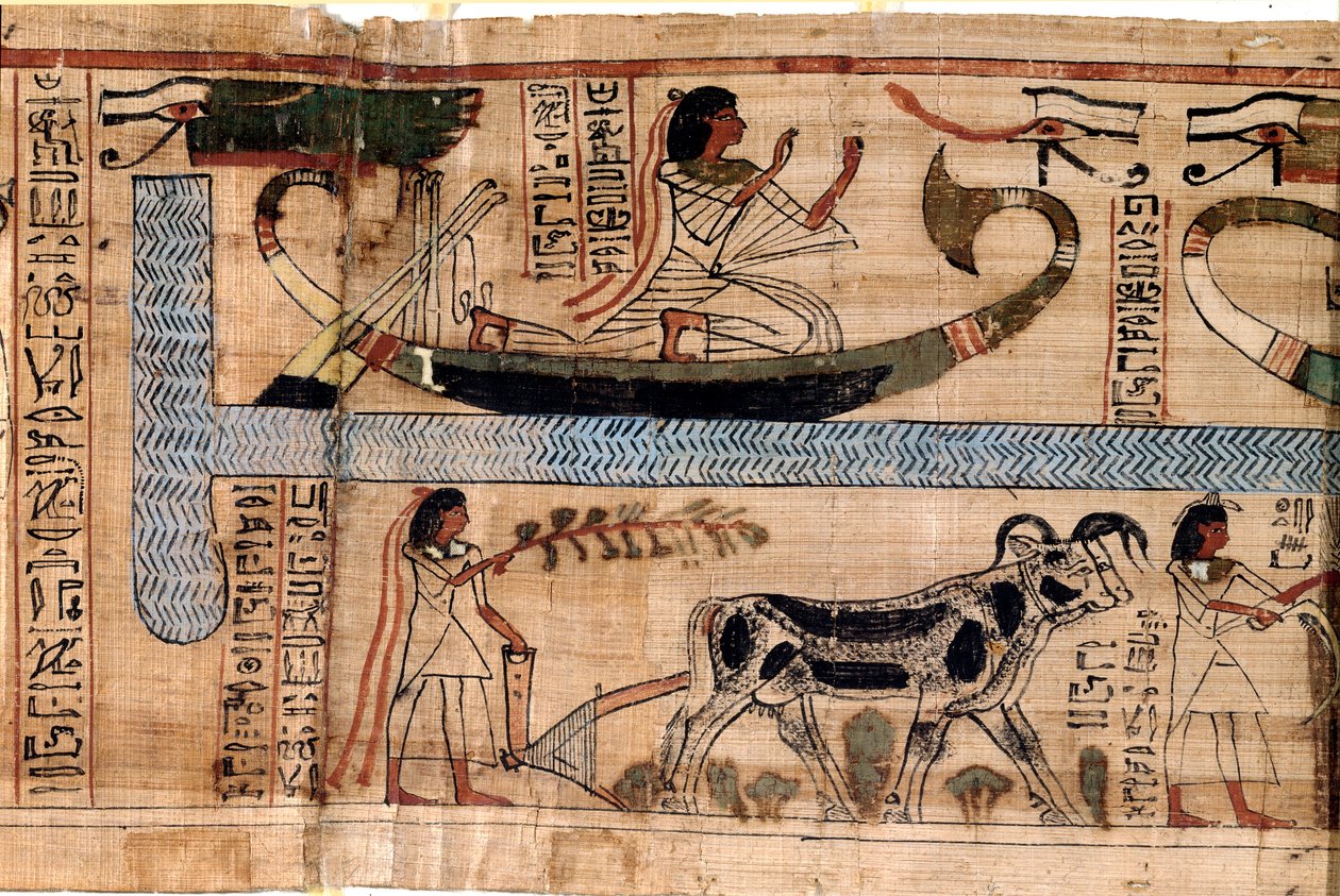 Ägyptische Antiquität: der Name des Verstorbenen Aner auf dem Boot des Osiris, Szene des Pflügens und Wiegens der Seelen (Psychostase). Papyrus aus einem Totenbuch, 20. Dynastie, aus Theben. Turin, Ägyptisches Museum von Egyptian 18th Dynasty
