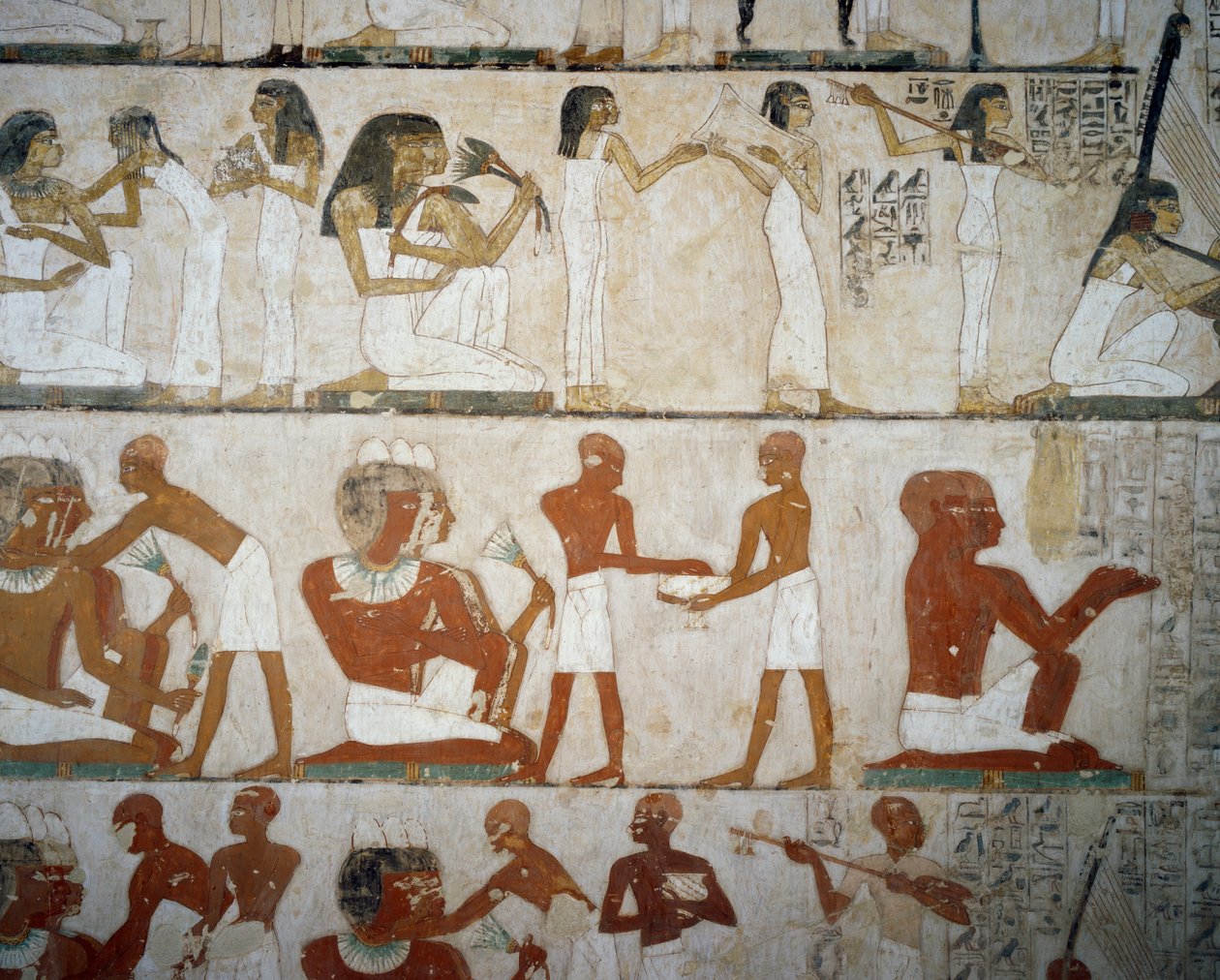 Totenmahl mit Musikerinnen, Damen, die sich mit Schmuck schmücken, Männer und Musiker von Egyptian 18th Dynasty