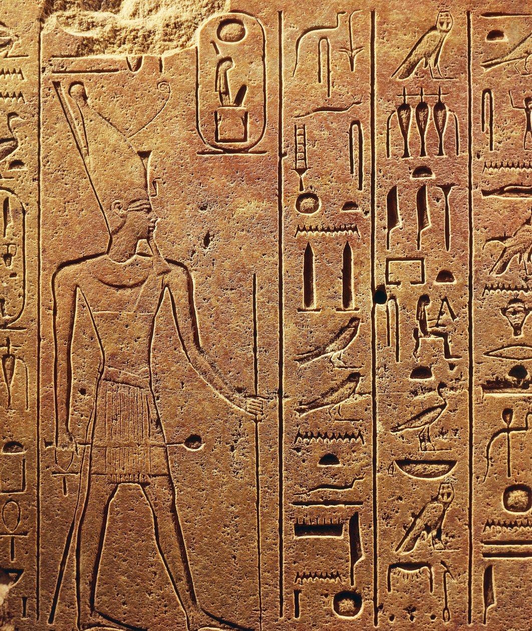 Hieroglyphen, Detail eines Blocks aus dem Tempel von Hatschepsut in Karnak, ägyptische Zivilisation, Neues Reich, Dynastie XVIII von Egyptian 18th Dynasty