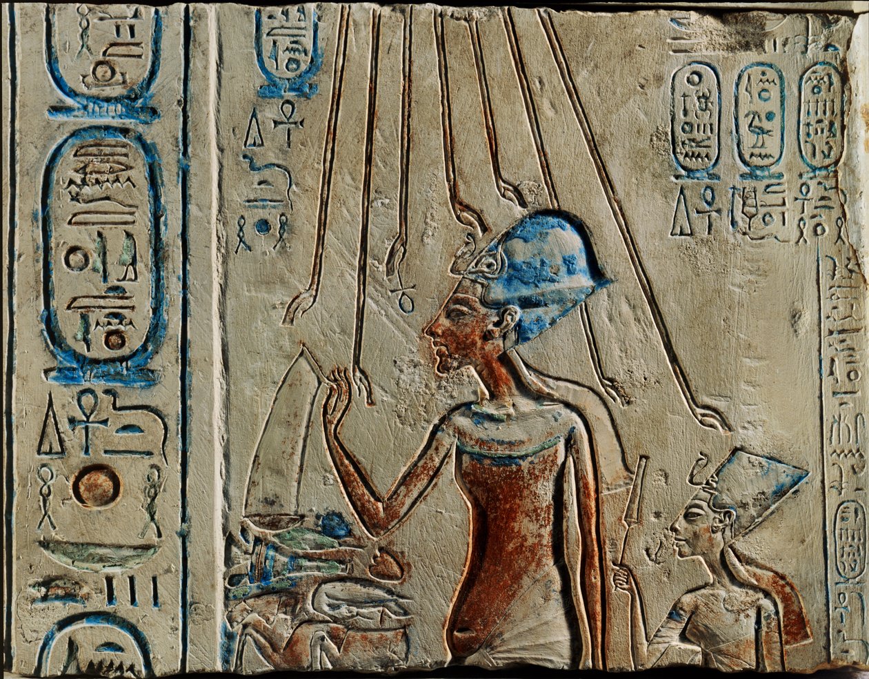 Pharao Echnaton und Nofretete opfern dem Gott Aton von Egyptian 18th Dynasty