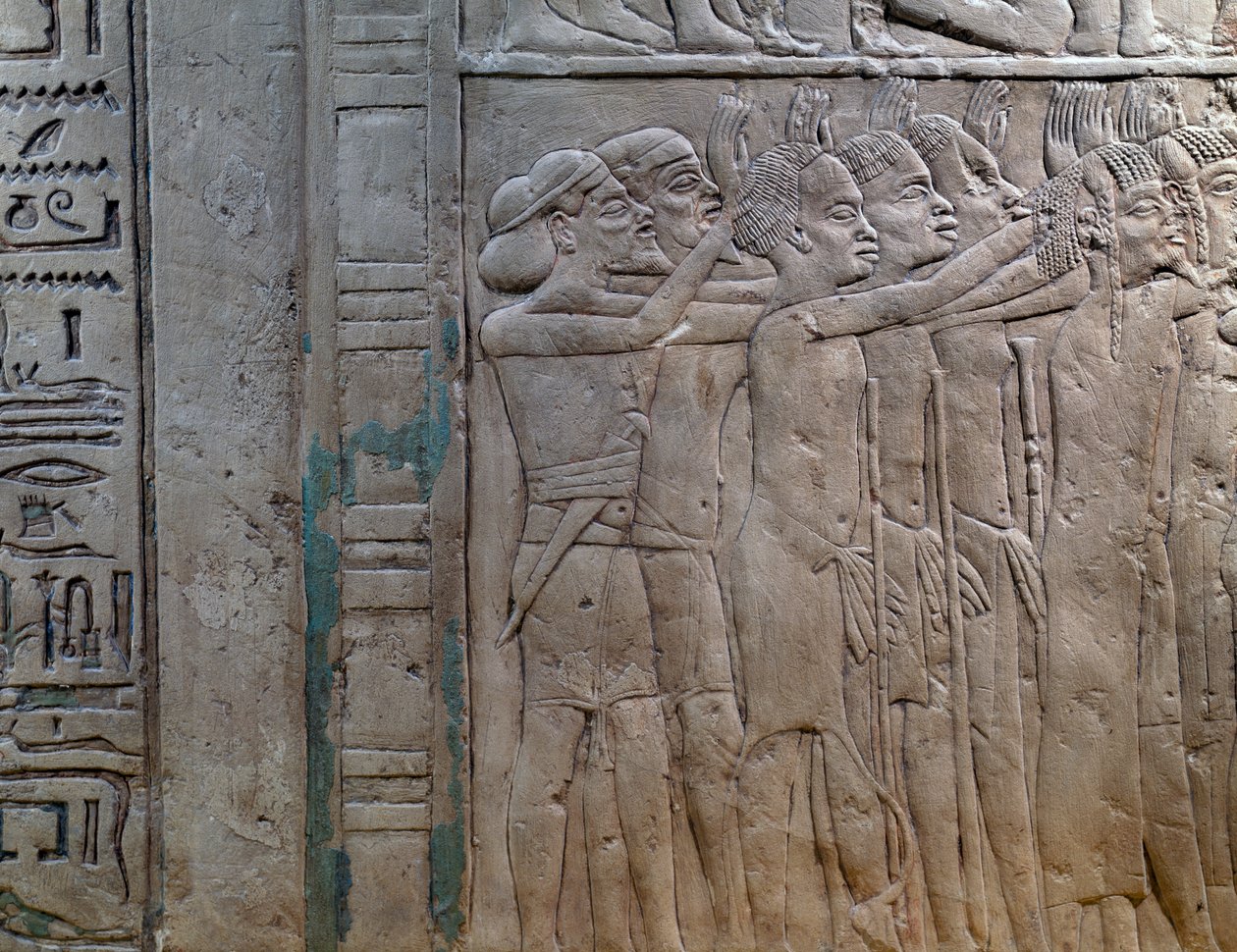 Prinzen von Nubien, Libyen, Syrien und Palästina kommen, um dem König zu huldigen, Basrelief in Kalkstein, aus dem memphitischen Grab von Horemheb in Saqqara, ägyptische Zivilisation, Neues Reich, Dynastie XVIII von Egyptian 18th Dynasty