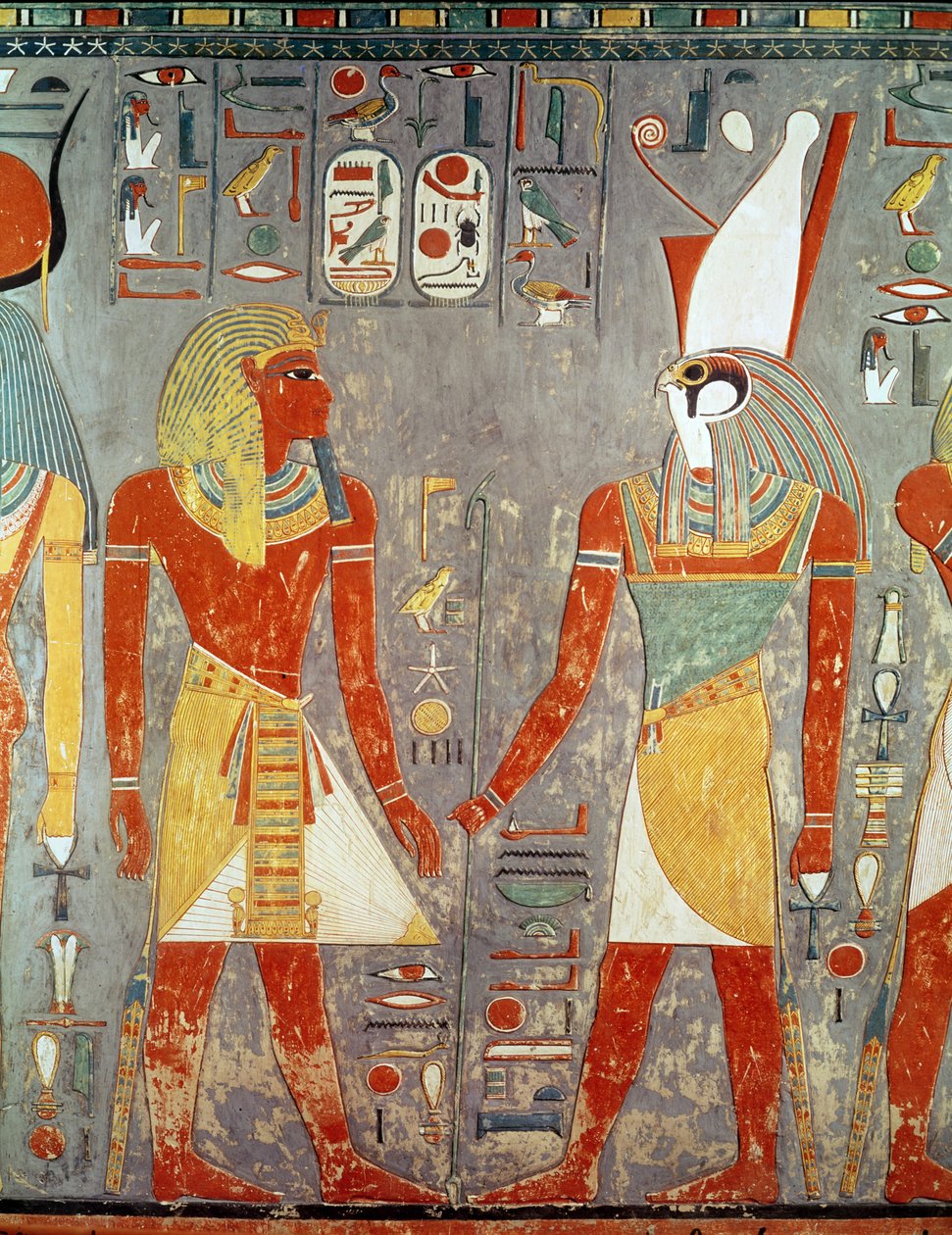 Relief, das Haremhab (ca. 1323-1295 v. Chr.) vor Horus zeigt, aus seinem Grab, Neues Reich von Egyptian 18th Dynasty
