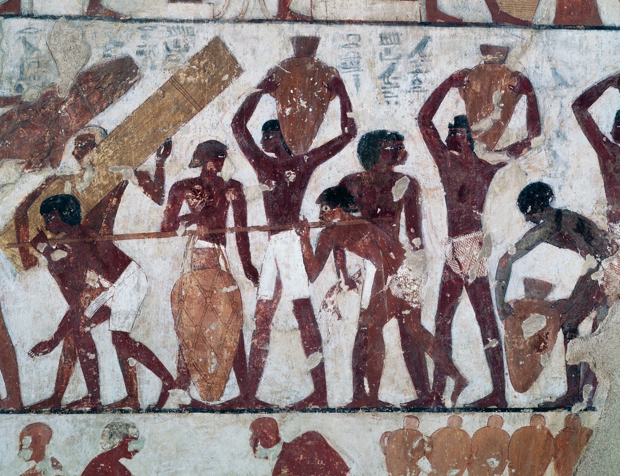 Transport von Lebensmitteln zur Lagerung in den Lagern des Tempels von Amun, Grab von Rekhmire, auch bekannt als Grab TT100, Sheikh Abd el-Qurna, Thebanische Nekropole (UNESCO-Welterbeliste) von Egyptian 18th Dynasty