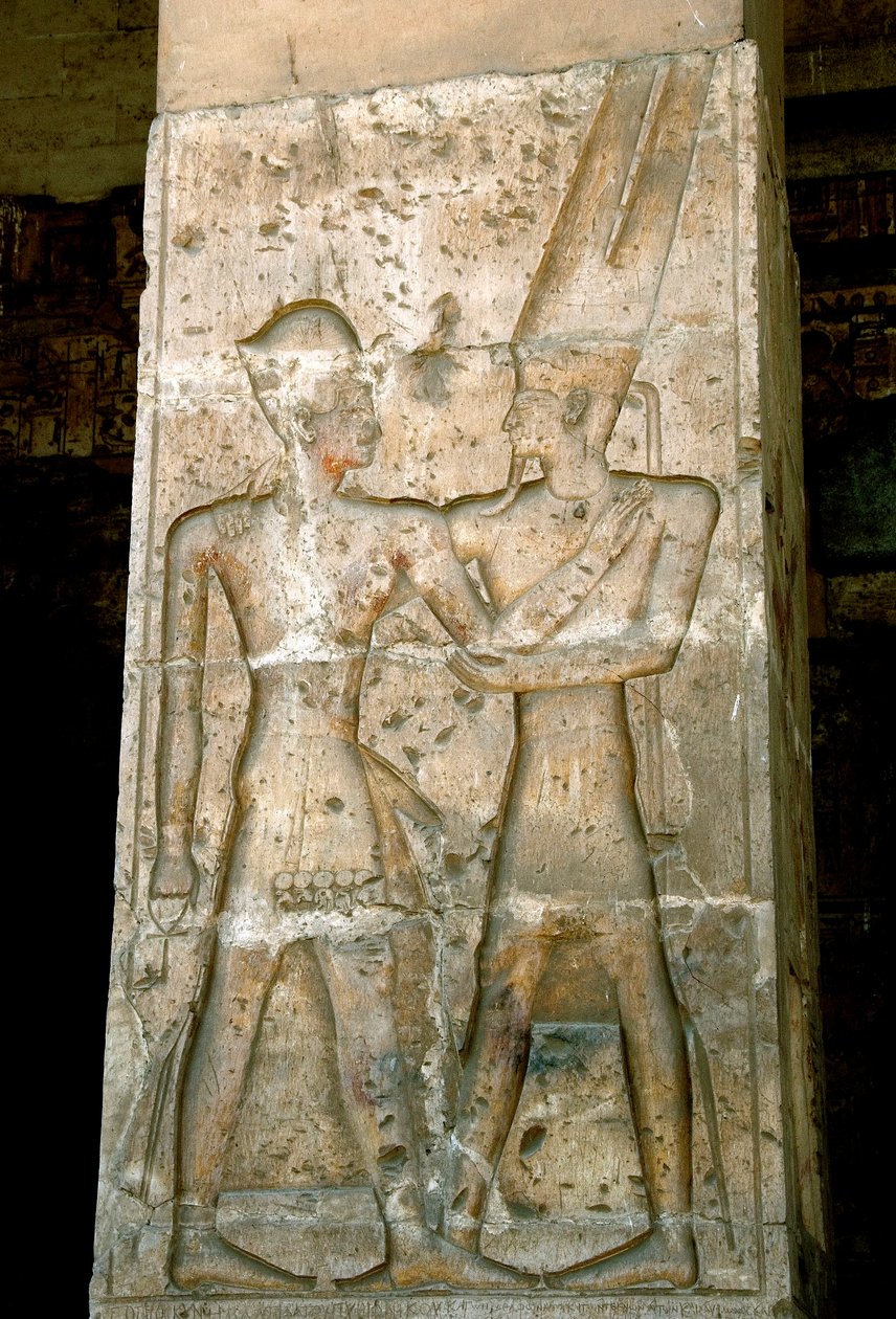 Alte ägyptische Kunst: Flachrelief an der Säule des Tempels von Sethos I. (Sety oder Seti I) von Egyptian 19th Dynasty