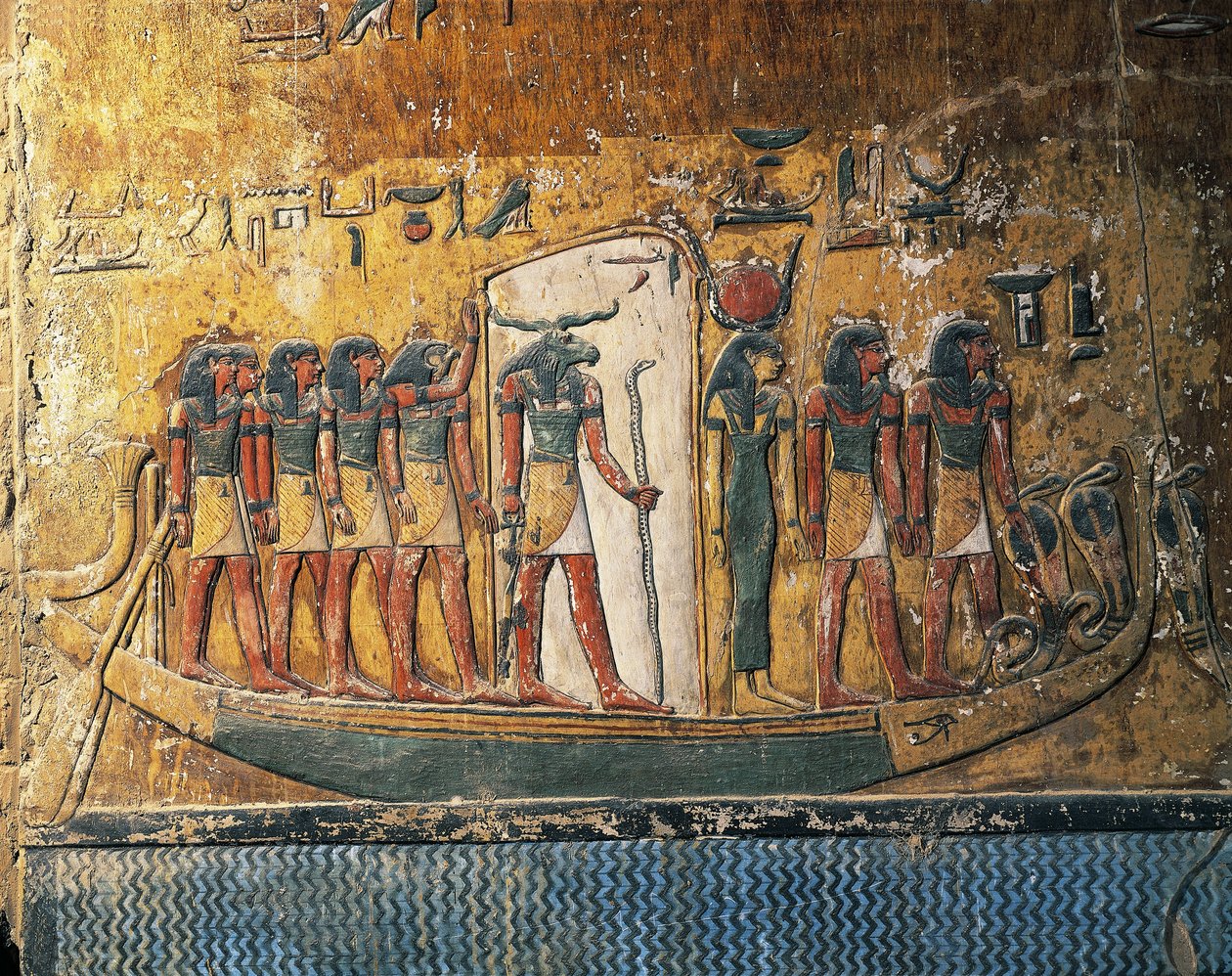 Ägypten, Luxor, Altes Theben, Tal der Könige, Grab von Sethos I., Fresken mit Sonnenbarke und Widderkopf-Gott von Egyptian 19th Dynasty