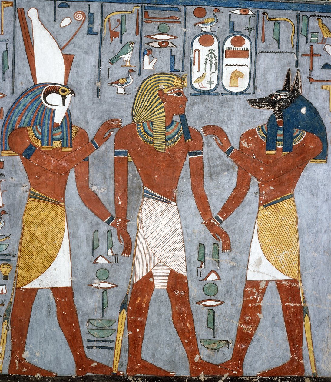 Ramses I. zwischen Horus und Anubis, Fresko, Grabkammer, Grab von Ramses I. (KV16), Tal der Könige, Theben von Egyptian 19th Dynasty
