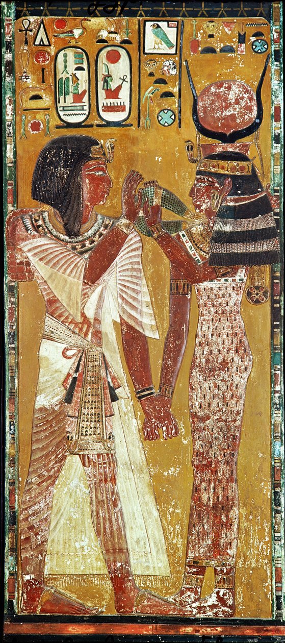 Relief, das die Göttin Hathor zeigt, wie sie das magische Halsband auf Seti I legt, Neues Reich von Egyptian 19th Dynasty