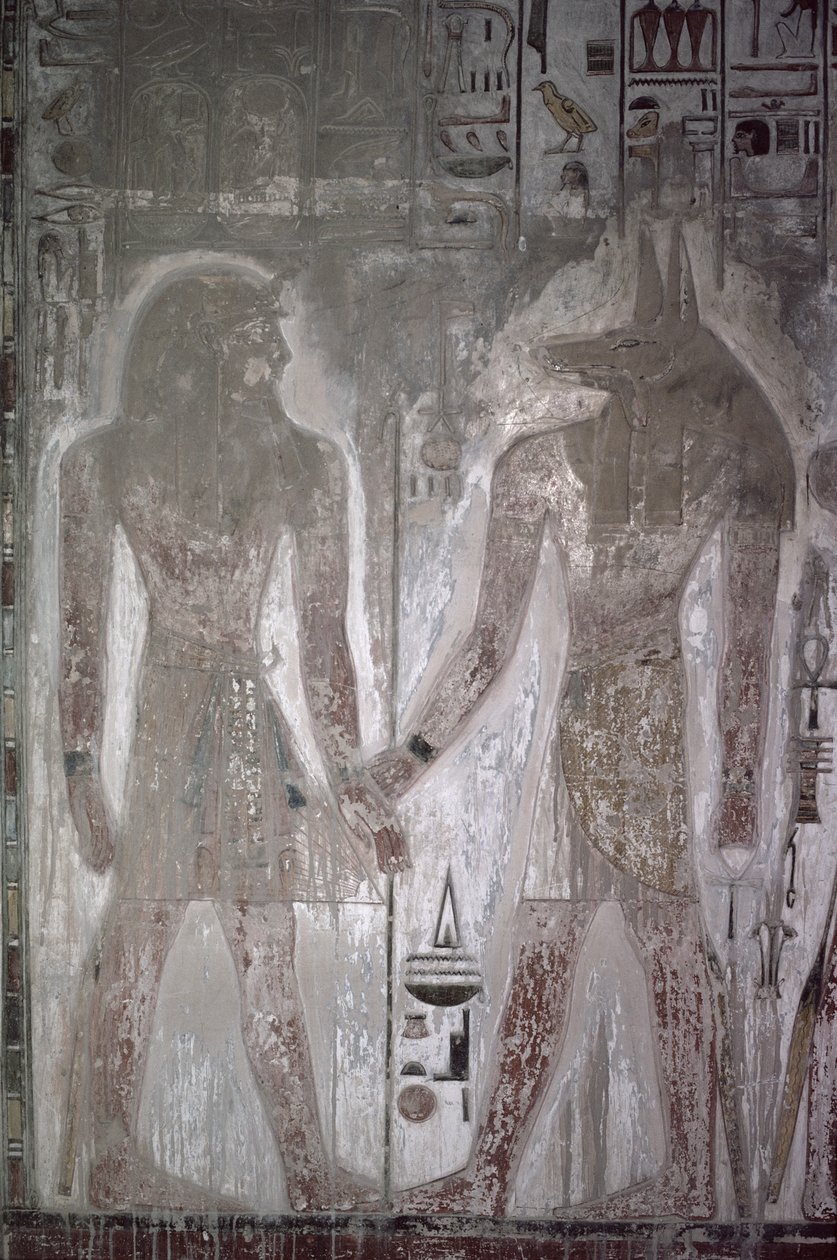 Seti I (1303-1290 v. Chr.) und Anubis im Grab von Seti, Neues Reich von Egyptian 19th Dynasty