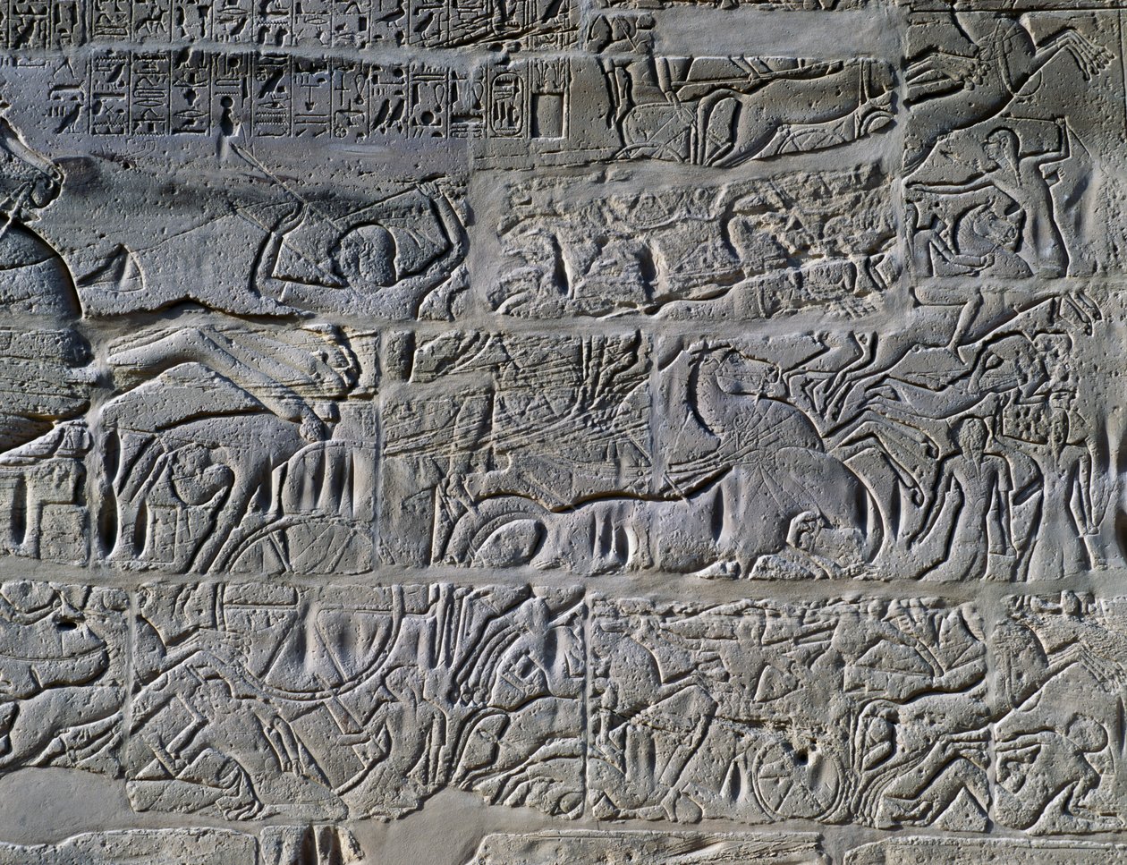 Kampagnen von Sethos I. in Syrien und Palästina, Relief, nördliche Außenwand der Großen Säulenhalle, Karnak-Tempelkomplex (Unesco-Welterbeliste) von Egyptian 19th Dynasty