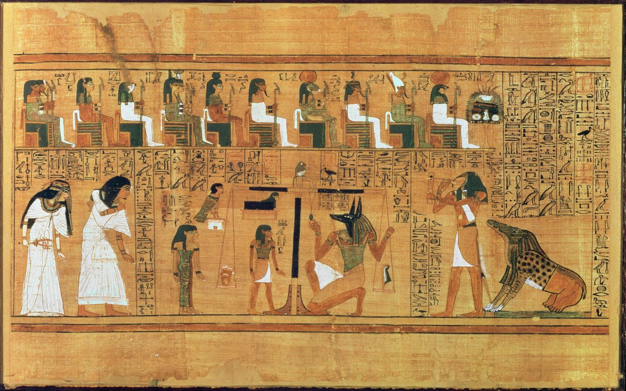 Das Wiegen des Herzens gegen die Feder der Wahrheit, aus dem Totenbuch des Schreibers Any, ca. 1250 v. Chr. von Egyptian 19th Dynasty