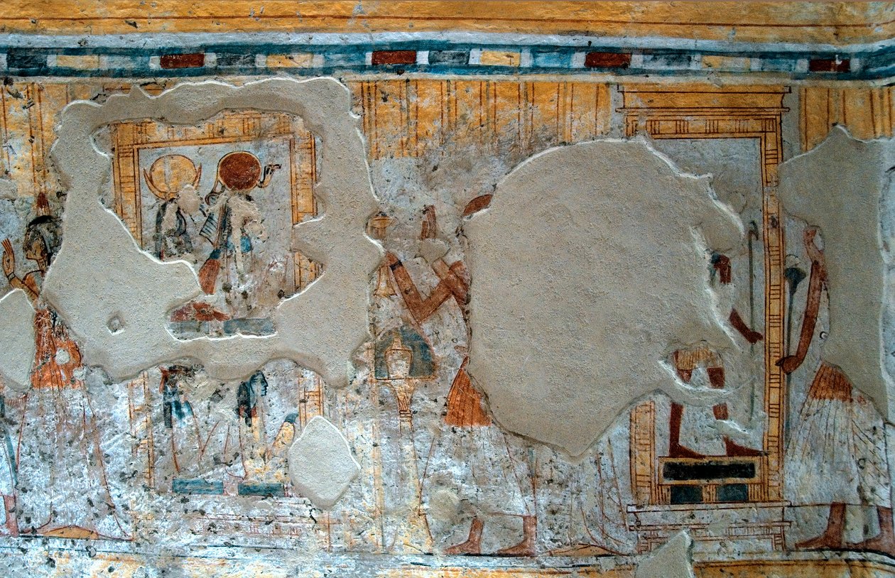 Ägyptische Antiquität: Darstellung von Shuroy und seiner Frau, die den Gott Thot und die Göttin Ra verehren. Malerei aus dem Grab von Shuroy von Egyptian 20th Dynasty