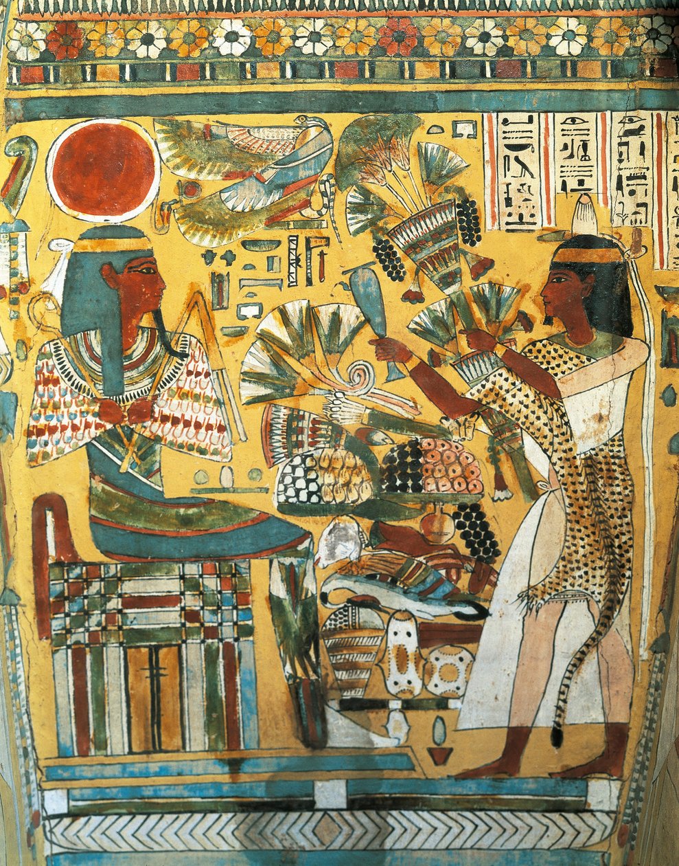 Sarkophag von Ankt Ef Rhonson, Schreiber des Tempels von Amon, Innendetail: der Verstorbene bietet dem Gott des Westens Blumen an, Neues Reich, Dynastie XX von Egyptian 20th Dynasty
