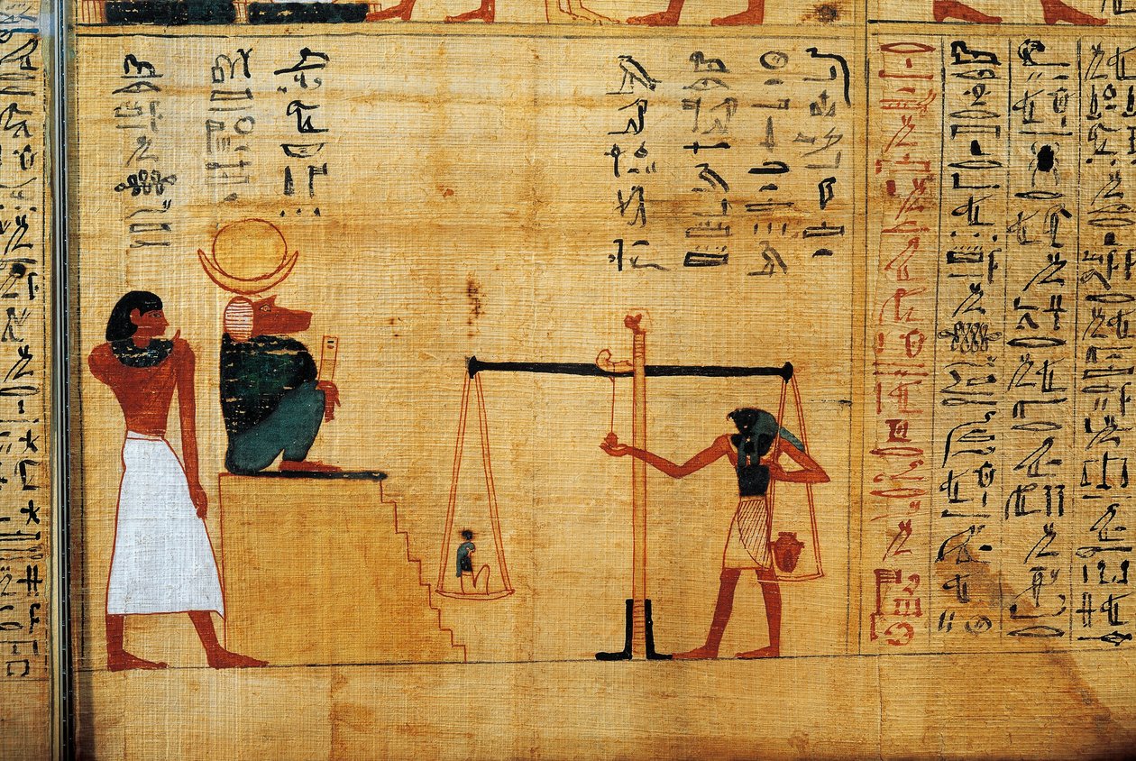 Mythologischer Papyrus von Imenemsauf, Oberster Träger von Amon. Detail: Seelenwägung vor dem Pavian-Gott Thot von Egyptian 22nd Dynasty