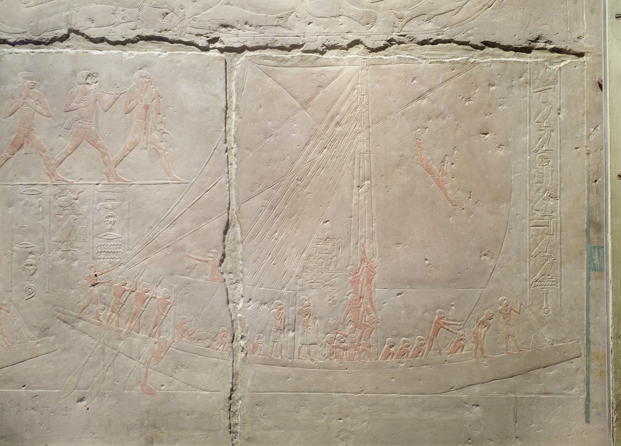 Relief, das eine Bootsfahrt darstellt, aus der Mastaba von Akhethotep, Altes Reich, ca. 2400 v. Chr. von Egyptian 5th Dynasty