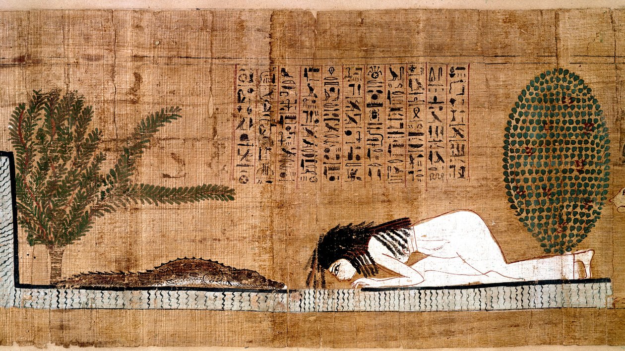 Ägyptische Antiquität: ein Verstorbener, der das Krokodil anbetet, Symbol der Fruchtbarkeit. Papyrus aus einem Totenbuch. Kairo, Ägyptisches Museum von Egyptian Egyptian