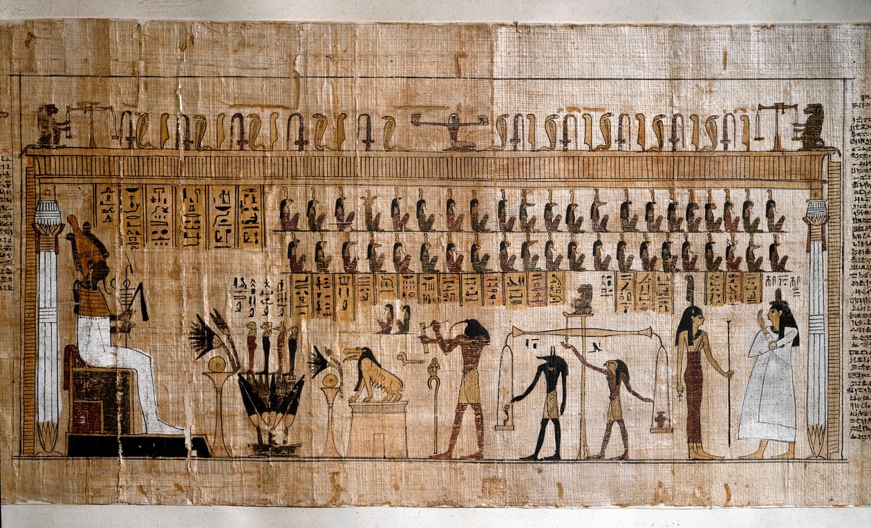 Ägyptische Antike: das Wiegen der Seelen (Psychostase). Papyrus eines Totenbuchs. Turin, Ägyptisches Museum - Antikes Ägypten: das Wiegen der Seelen (Psychostase). Papyrus aus dem Totenbuch. Ägyptisches Museum, Turin, Italien von Egyptian Egyptian
