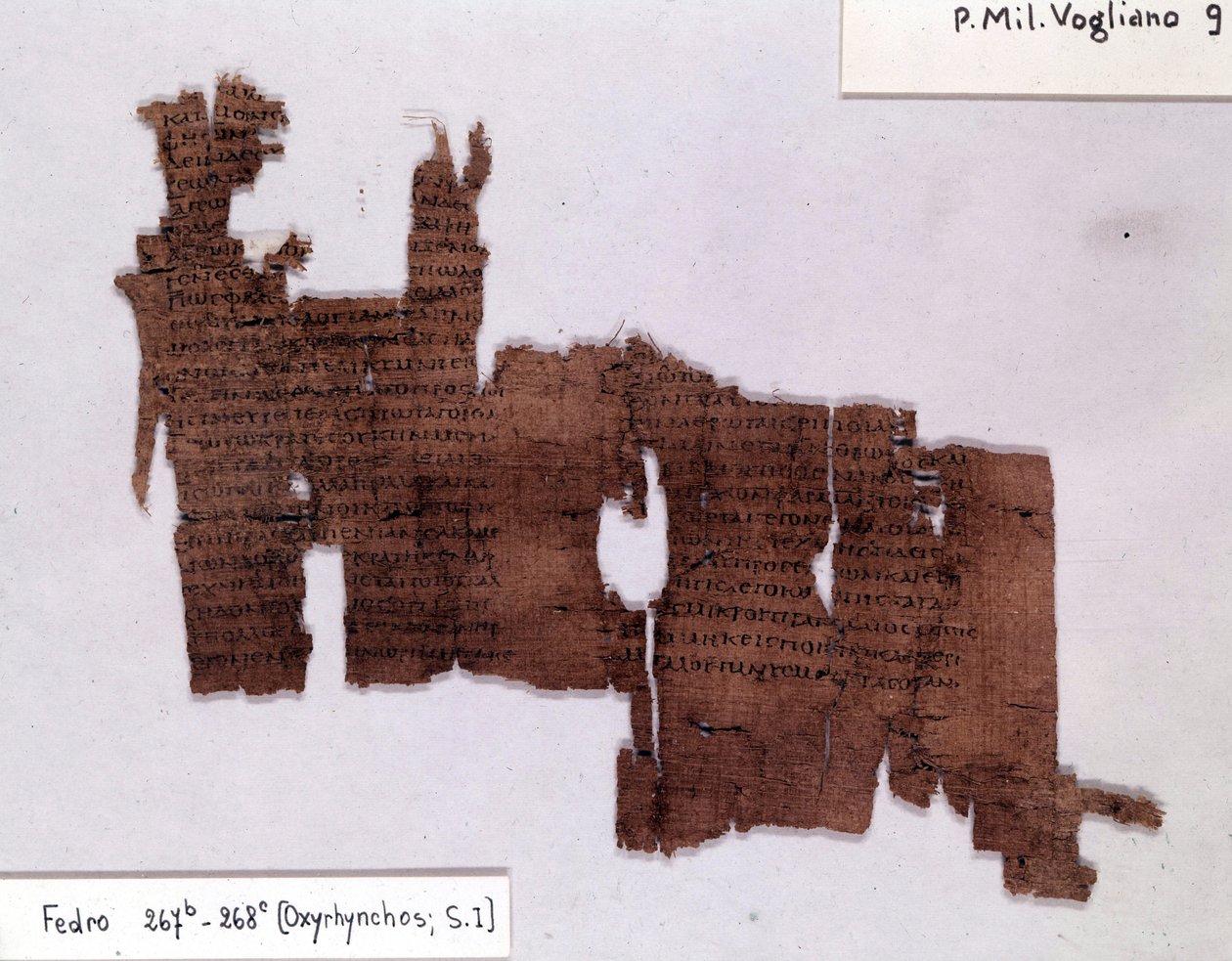 Literarischer Papyrus: „Phaedrus“ von Platon, griechischer Philosoph. Universität Mailand, Institut für Papyrologie von Egyptian Egyptian