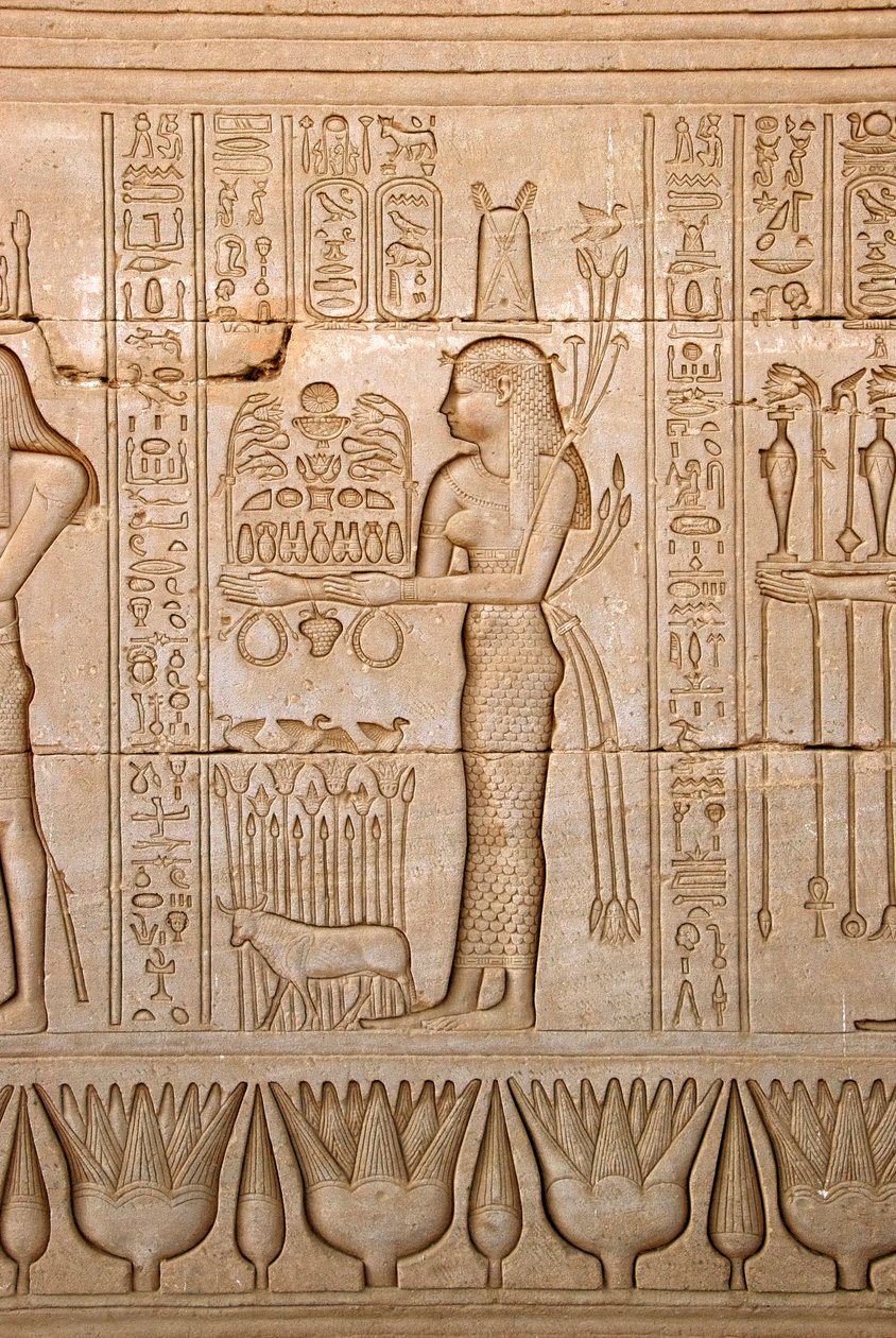 Ägyptische Antike: Darstellung einer Frau, die der Göttin Opfergaben bringt, Tempel der Hathor, Denderah, Ägypten von Egyptian Ptolemaic Period