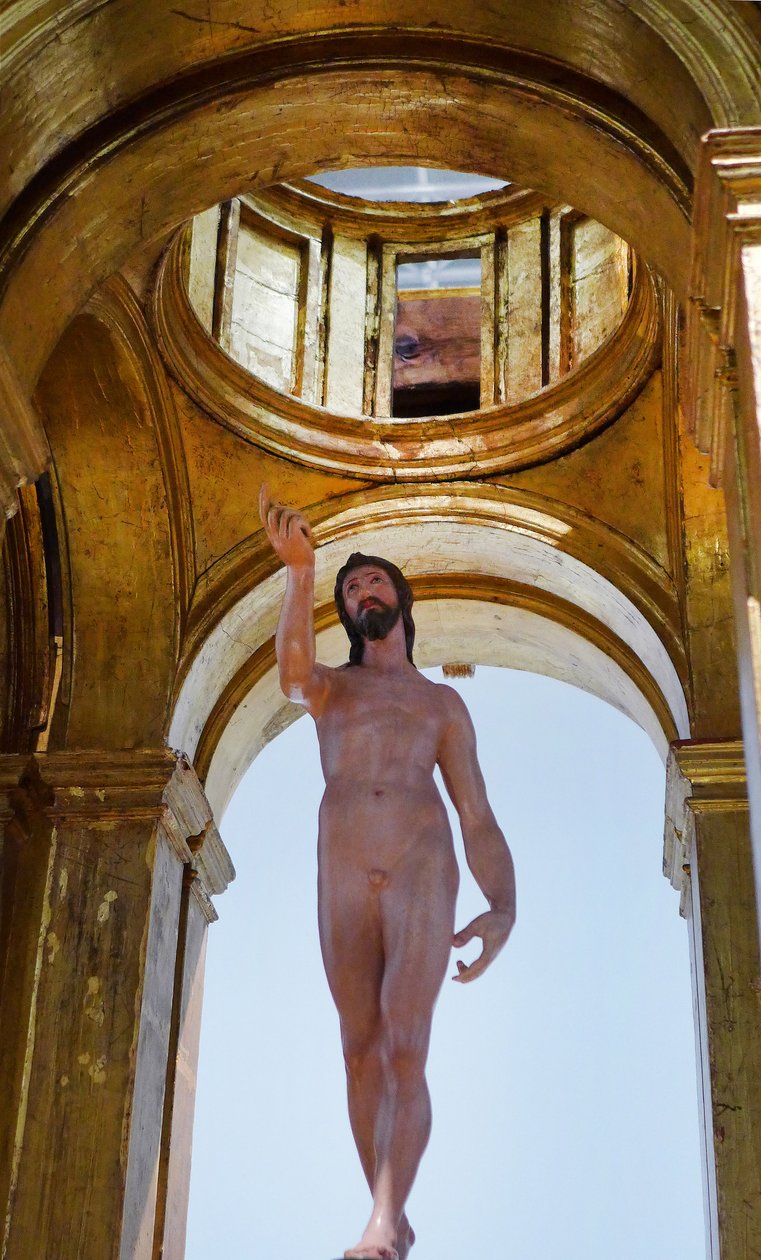 Der auferstandene Christus und sein Zelt, Polychrom-Holz und goldenes Holz (ca. 1595-1598) von Dominicos Theotokopoulos genannt El Greco (Domenico Theotocopuli El Greco 1541-1614) von El Greco
