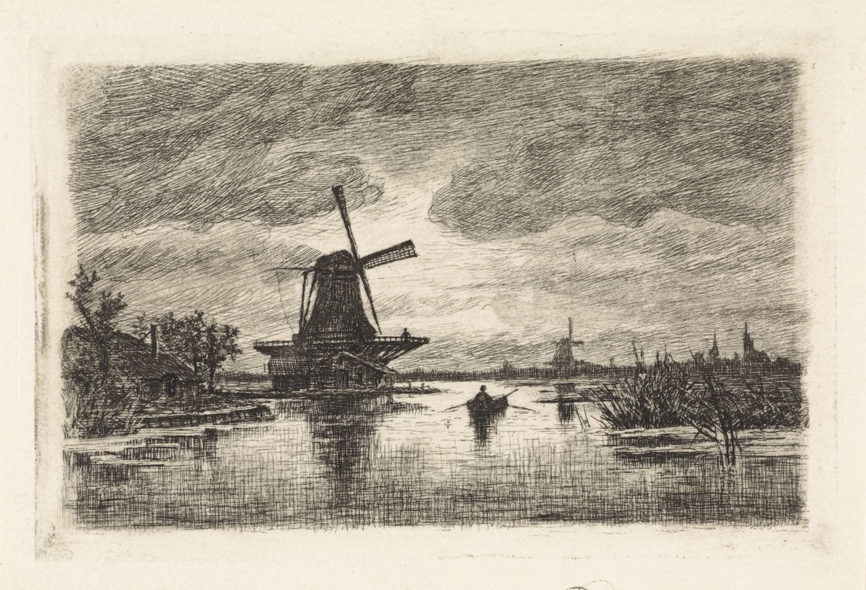 Landschaft mit zwei Mühlen und einem Ruderboot von Elias Stark
