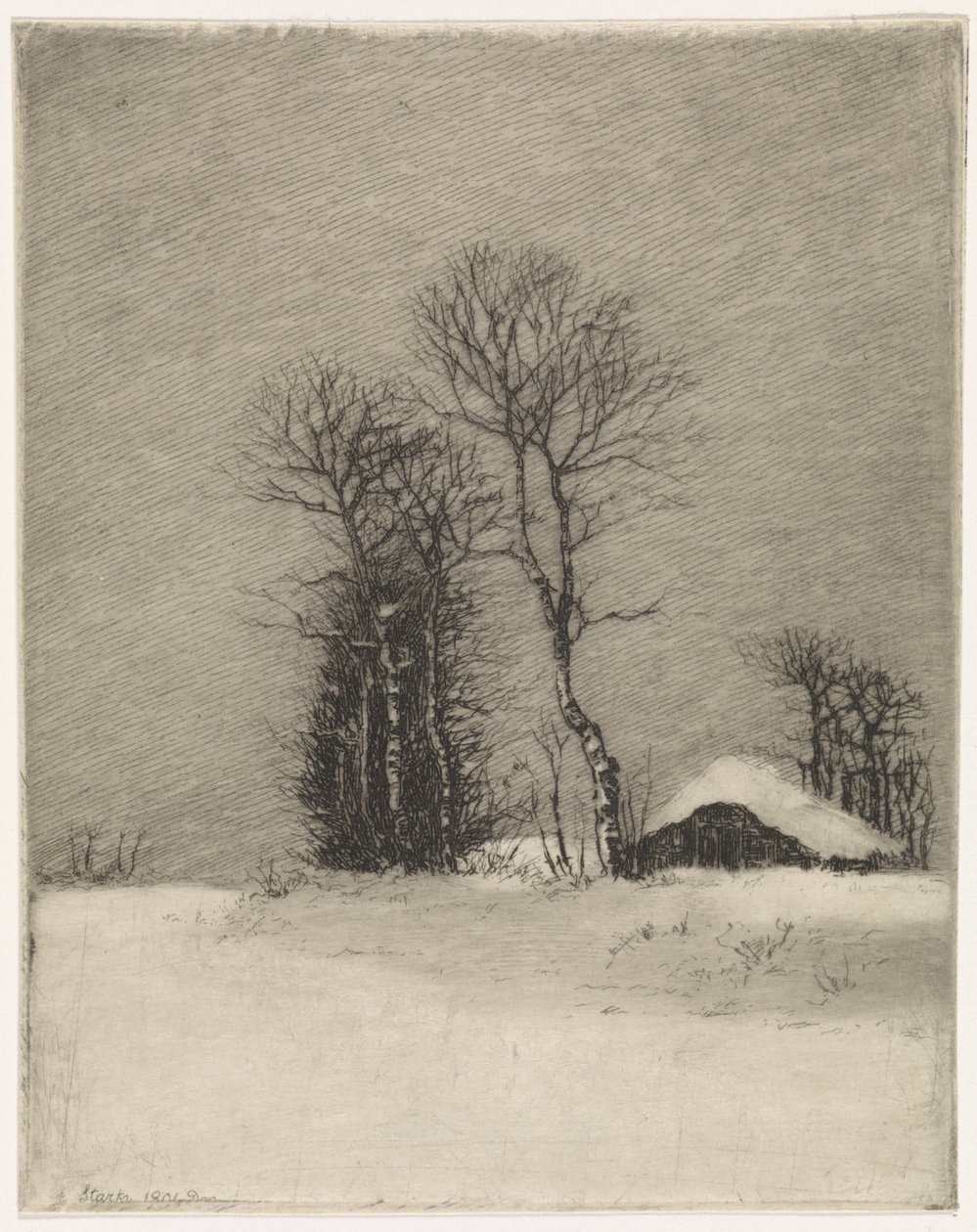 Winterlandschaft mit Bauernhof und Bäumen von Elias Stark