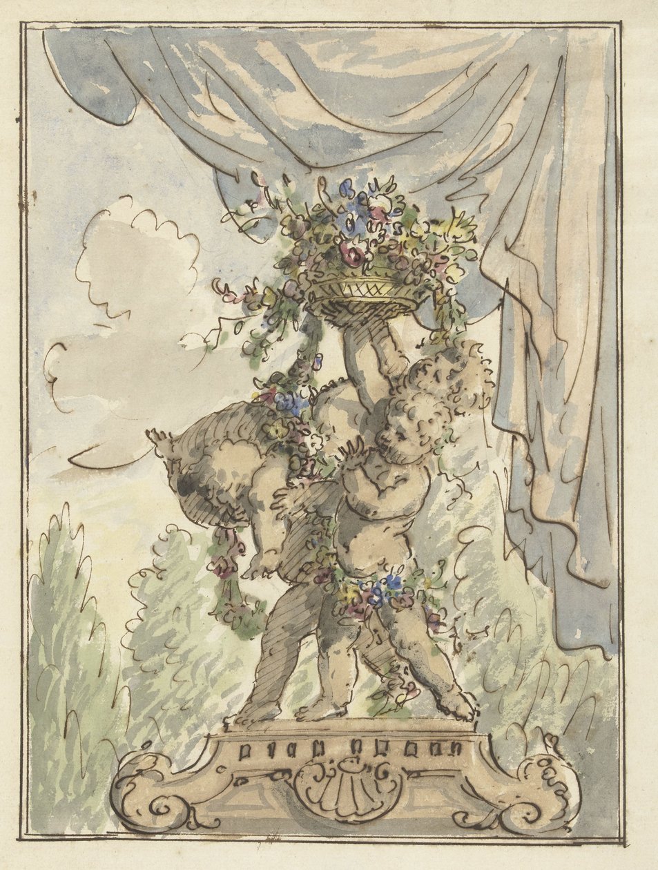 Drei Putti mit einem Blumenkorb von Elias van Nijmegen