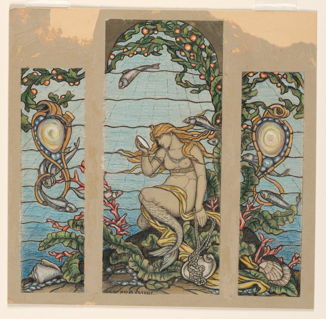 Entwurf für ein Buntglasfenster, Das Meerjungfrauenfenster, für die A.H. Barney Residenz, New York, NY, 1882 von Elihu Vedder