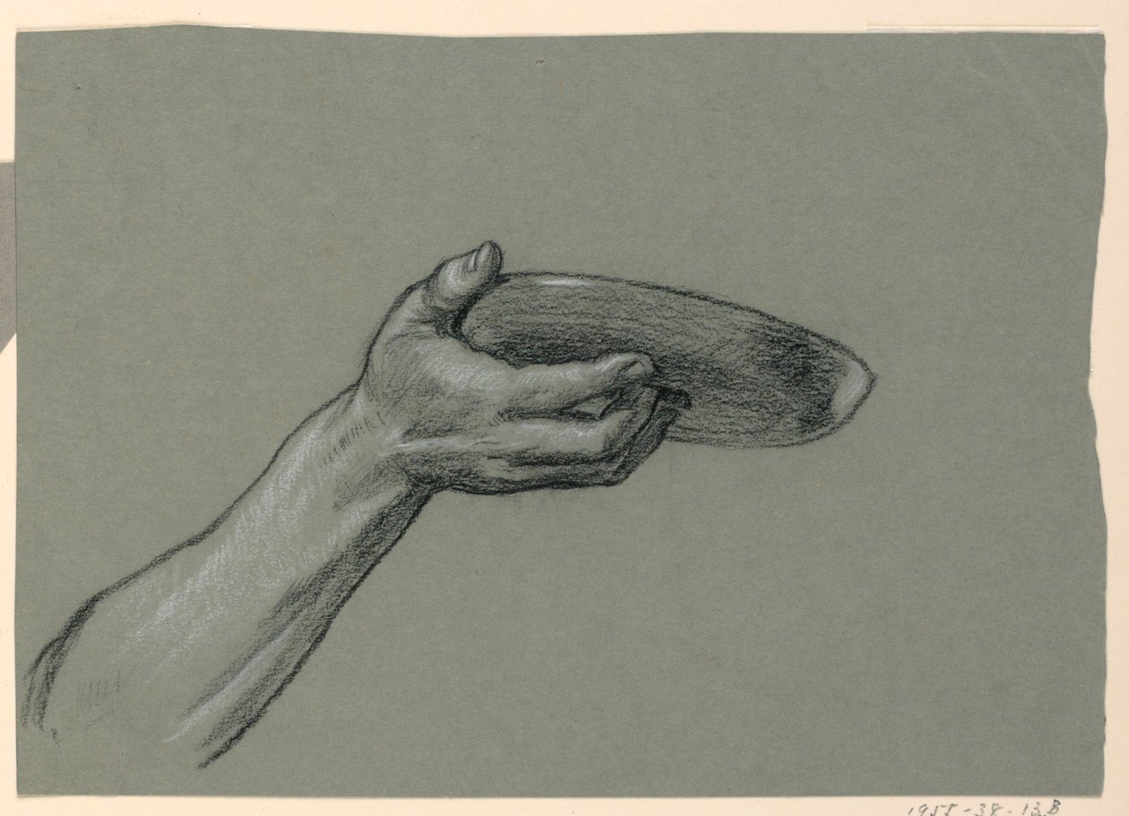 Detail eines Unterarms und einer Hand, die ein rundes Objekt hält, ca. 1885 von Elihu Vedder
