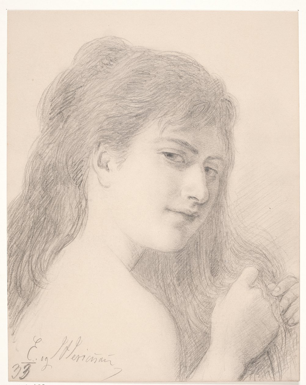 Brustbild einer Frau, die ihr Haar flechtet von Elisabeth Jerichau Baumann