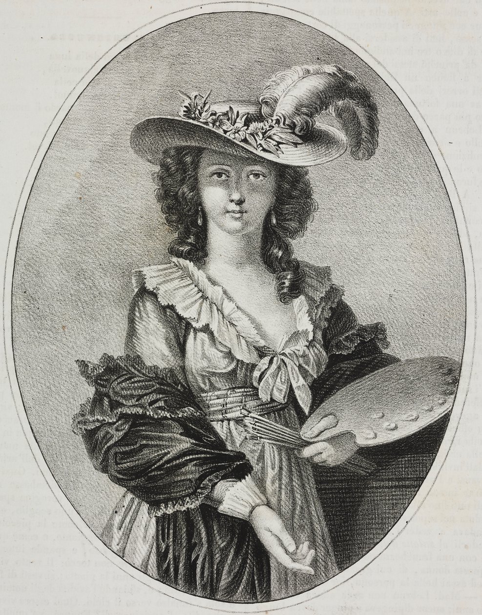 Selbstporträt mit Palette, von der französischen Malerin Elisabeth Vigee Le Brun, Lithographie von Giovanni Mariani aus Poliorama Pittoresco, Nr. 42, 28. Mai von Elisabeth Louise (after) Vigee Lebrun