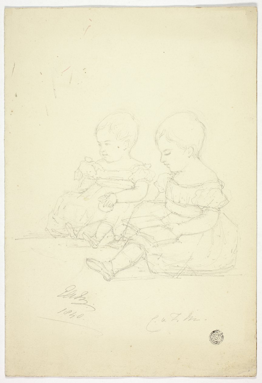 Zwei sitzende Mädchen (recto), ein Stillleben und zwei Tiere (verso) von Elizabeth Murray