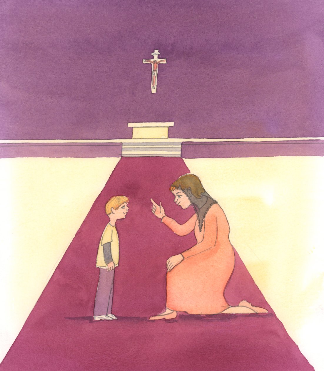 Eine wohltätige Person lehrt Kinder, wie man sich im Haus Gottes verhält und wie man betet; und sie hilft ihnen daher, inneren Frieden in der Gegenwart ihres Erlösers zu finden, 2005 von Elizabeth Wang
