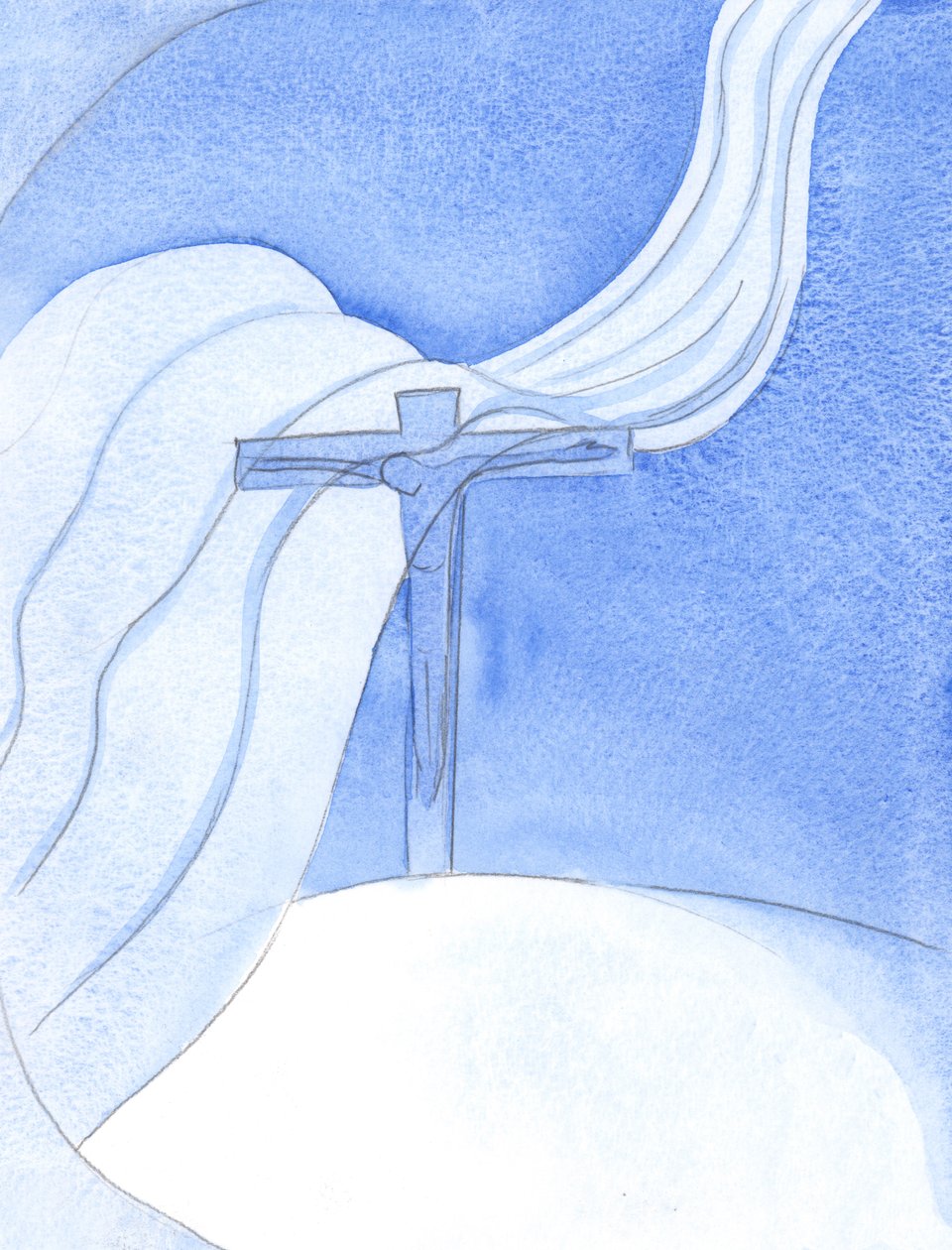 Während Christus sein Blut in einem neuen Bund vergießt, fegt ein großer bösartiger Wind über das Kreuz und bedroht und zerstört, 2001 von Elizabeth Wang