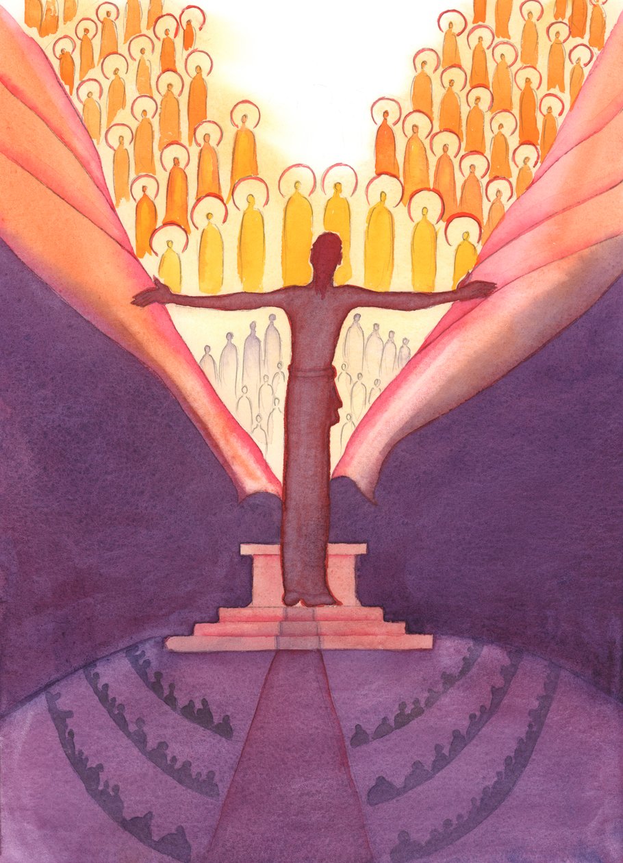 Bei der Messe ist es, als ob ein gigantischer Christus am Altar steht, um den Schleier zu zerreißen, der den Himmel von der Erde verbirgt von Elizabeth Wang