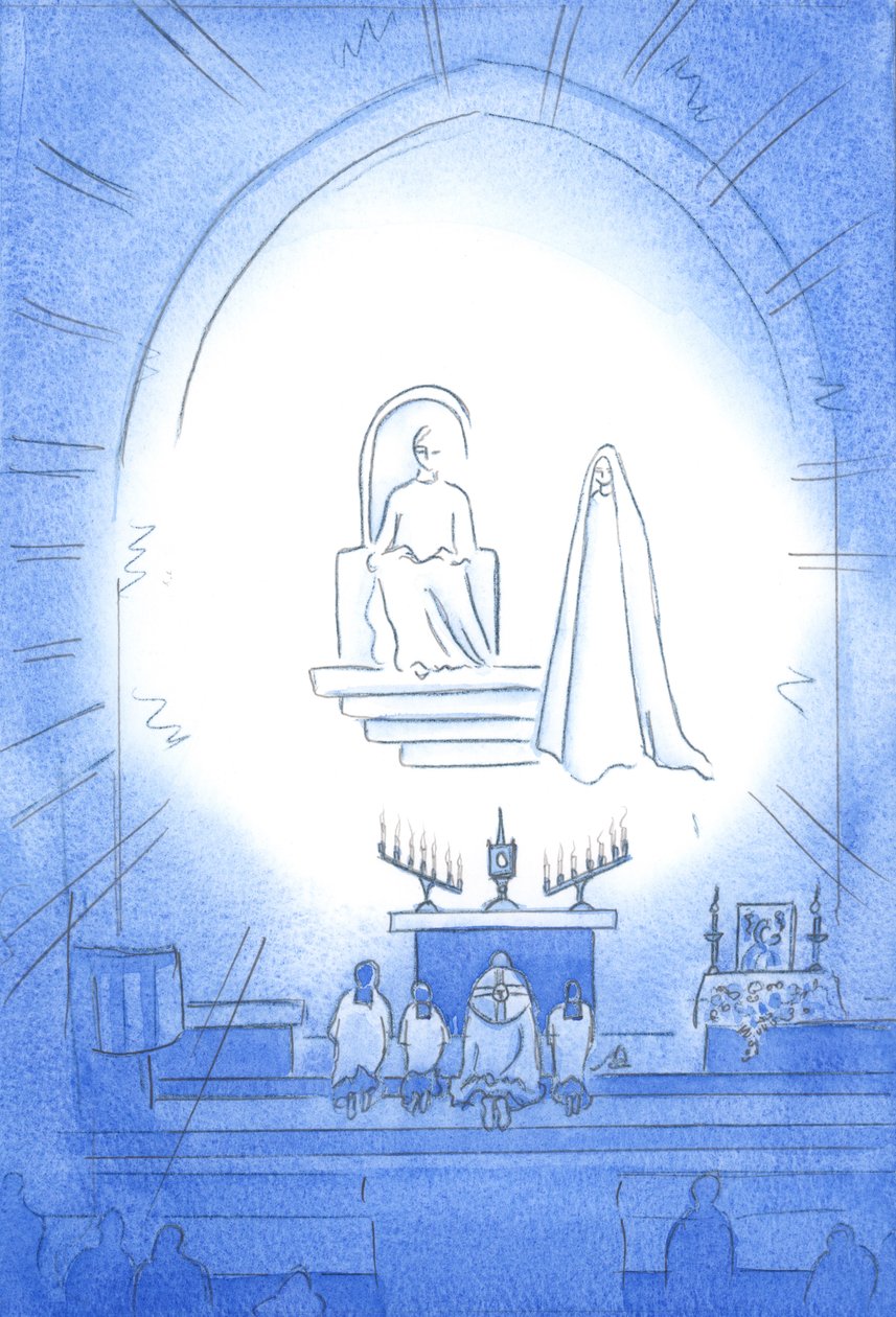 Christus ist über uns in Herrlichkeit thronend bei unserer Novene und Benediktion, die wie eine himmlische Feier ist. Unsere Mutter Maria steht freudig nahebei, 2002 von Elizabeth Wang