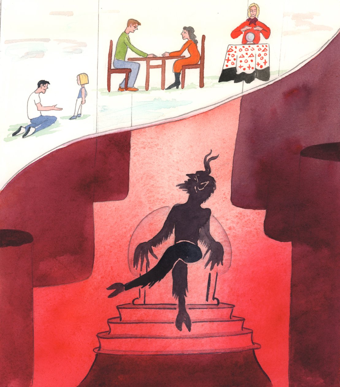 Satan, der im Zentrum der Hölle regiert, blickt nach oben, als ob durch eine Glasdecke, zu den Menschen, die ihm auf Erden ihr Leben gegeben haben und Kinder verderben oder sich mit Aberglauben beschäftigen von Elizabeth Wang