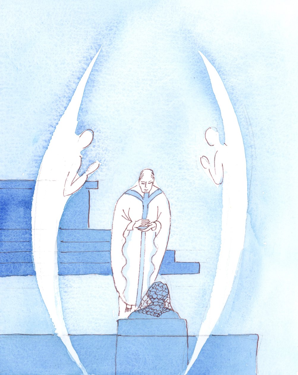 Die Heilige Eucharistie, die Jesus Christus wirklich gegenwärtig ist, ist ein so großes und heiliges Geschenk, dass zwei Engel den Priester begleiten, während er das gesegnete Sakrament zu uns bringt, zur Heiligen Kommunion, 2005 von Elizabeth Wang