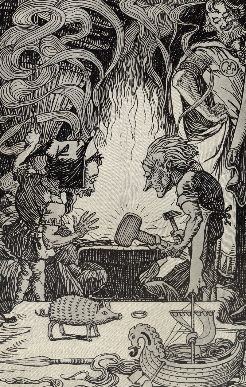 Das dritte Geschenk, ein riesiger Hammer, Illustration aus Myths from Many Lands, veröffentlicht 1912 von Elmer Boyd Smith