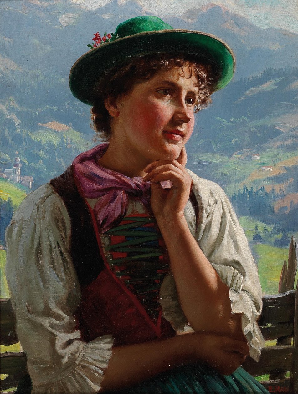 Mädchen in traditioneller Tracht in einer Alpenlandschaft von Emil Rau