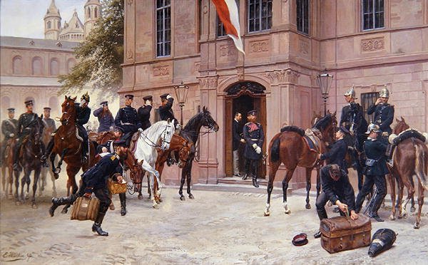 Kronprinz Ludwig IV. von Hessen-Darmstadt verabschiedet Cornelius Heyl vor dem Schlosschen in Worms, bevor er 1870 in die Schlacht von Sedan zieht von Emil Huenten