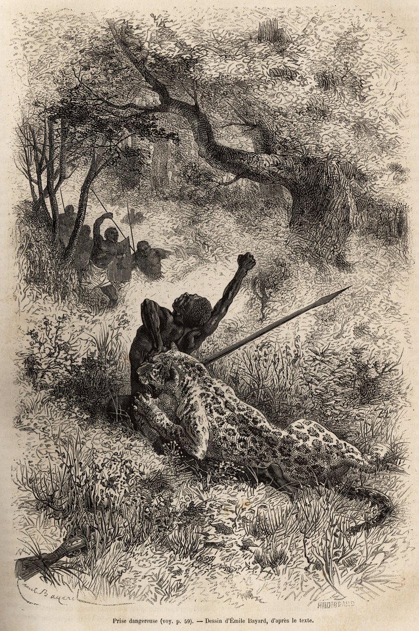 Ein Leopard springt auf einen Mann und beißt ihn grausam in den Rücken, in der Nähe von Bambare (Kongo), Gravur nach einer Zeichnung von Emile Bayard, die David Livingstones letztes Tagebuch (1813-1873) illustriert, in 1866-1873, veröffentlicht in "Le tour von Emile Antoine Bayard
