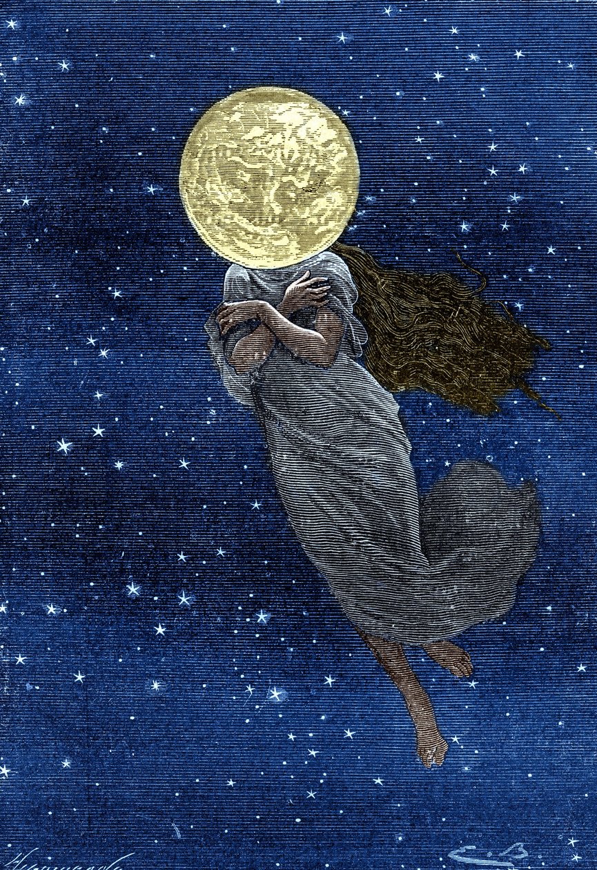 Gravur von Emile Bayard aus Jules Vernes Buch „Rund um den Mond“ (Hetzel-Ausgabe/Voyages extraordinaire 1870): Beschreibung des Mondes, gezeichnet mit dem Körper einer jungen Frau von Emile Antoine Bayard
